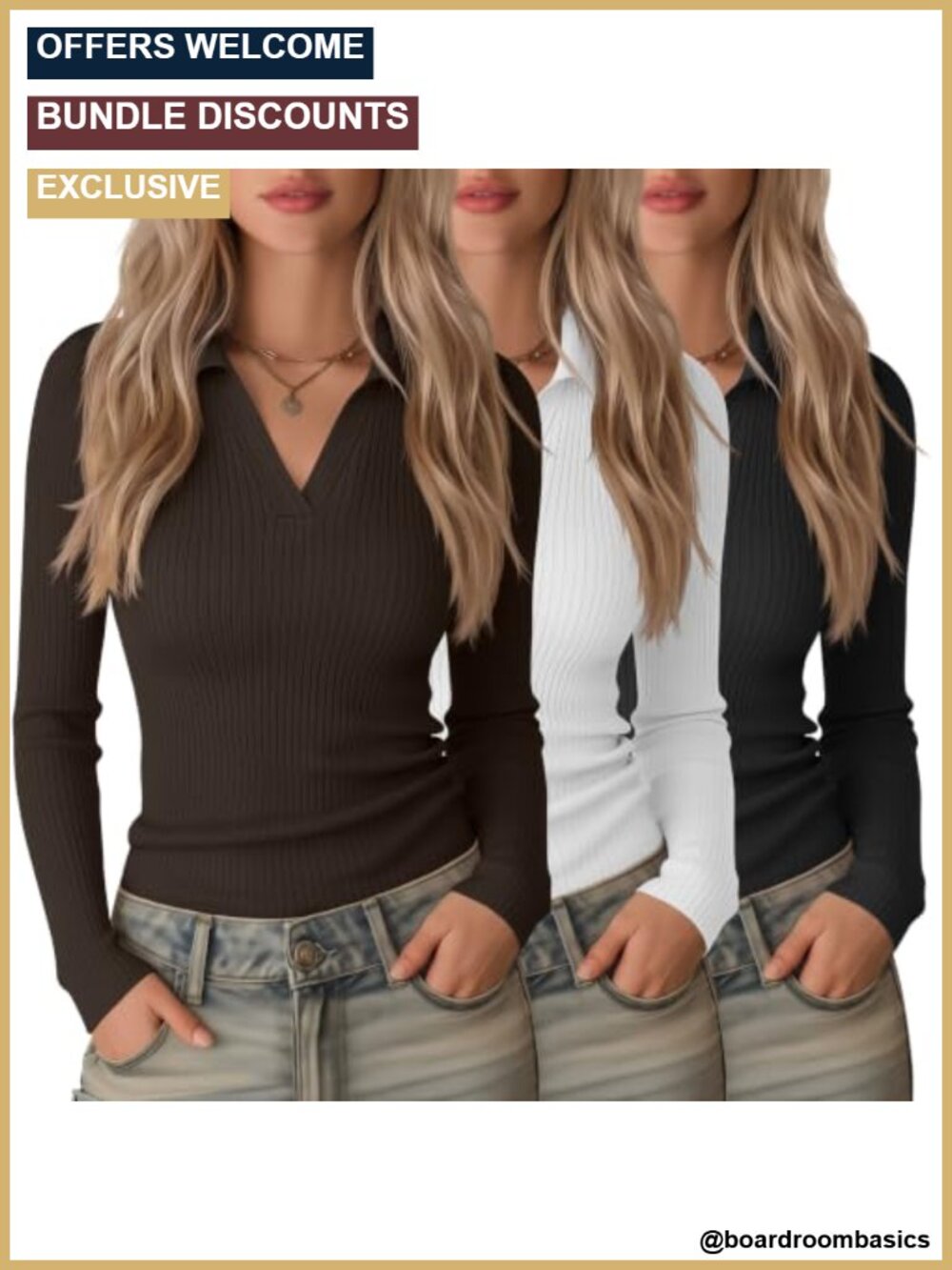 Cotton Stretch 3 Pack Long Sleeve Polo Shirts Women's Office Essential